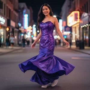 Vintage Dave & Johnny Joseph Lara Purple Sequin Strapless Bow Prom Dress 5/6